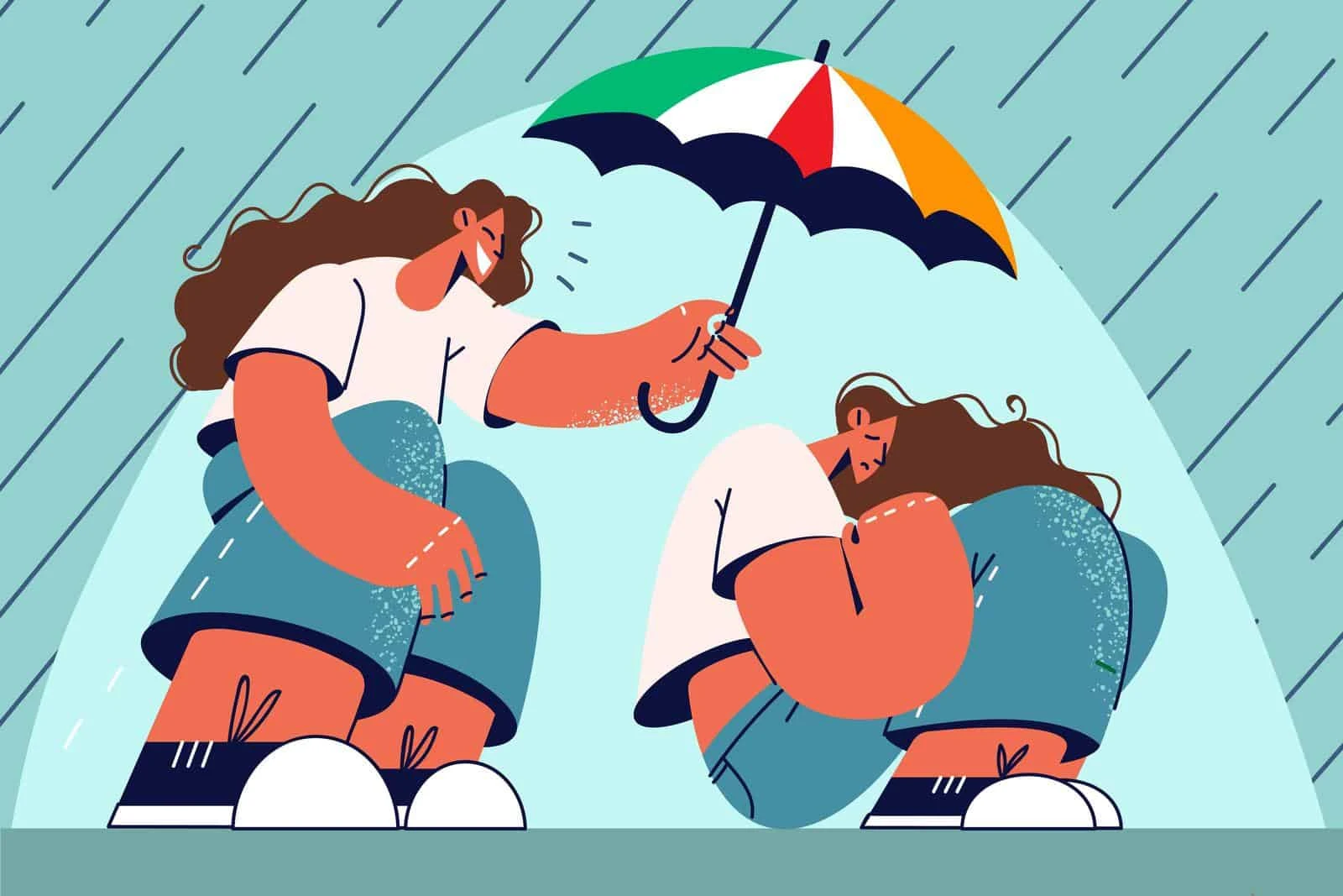 woman helping sad woman by holding umbrella
