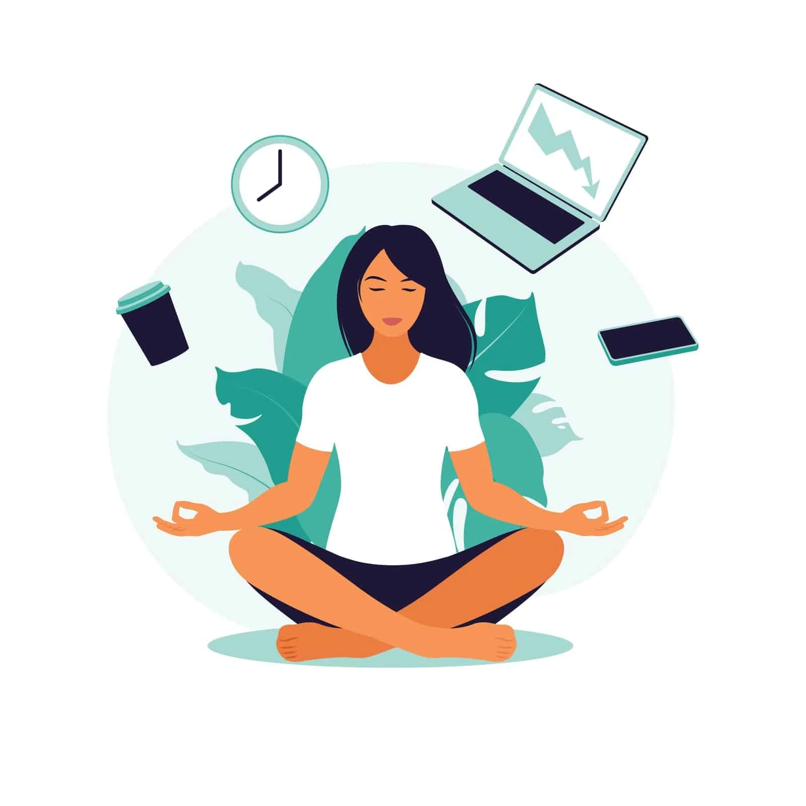 time-management-concept-business-woman-practicing-meditation-and-yoga-with-office-icons in background