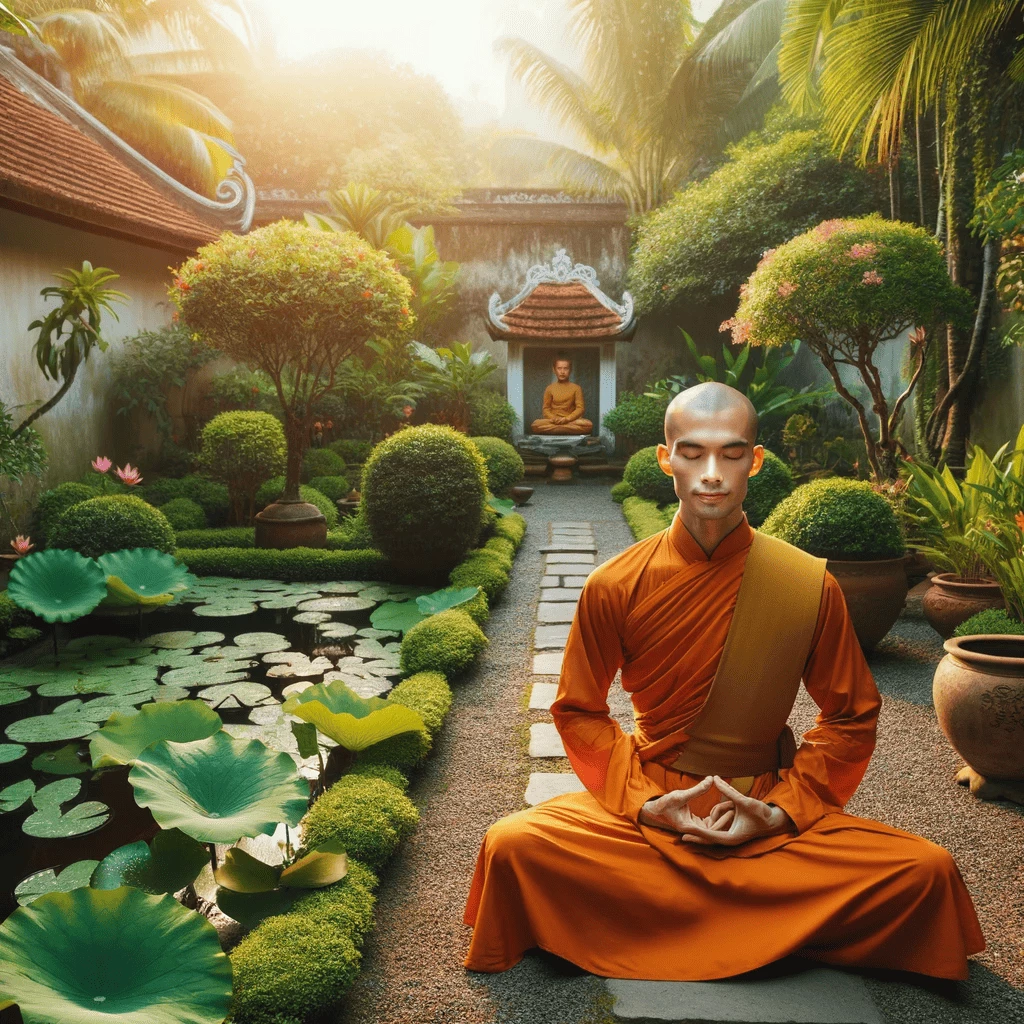 A Vietnamese monk in traditional orange robes, practicing mindfulness