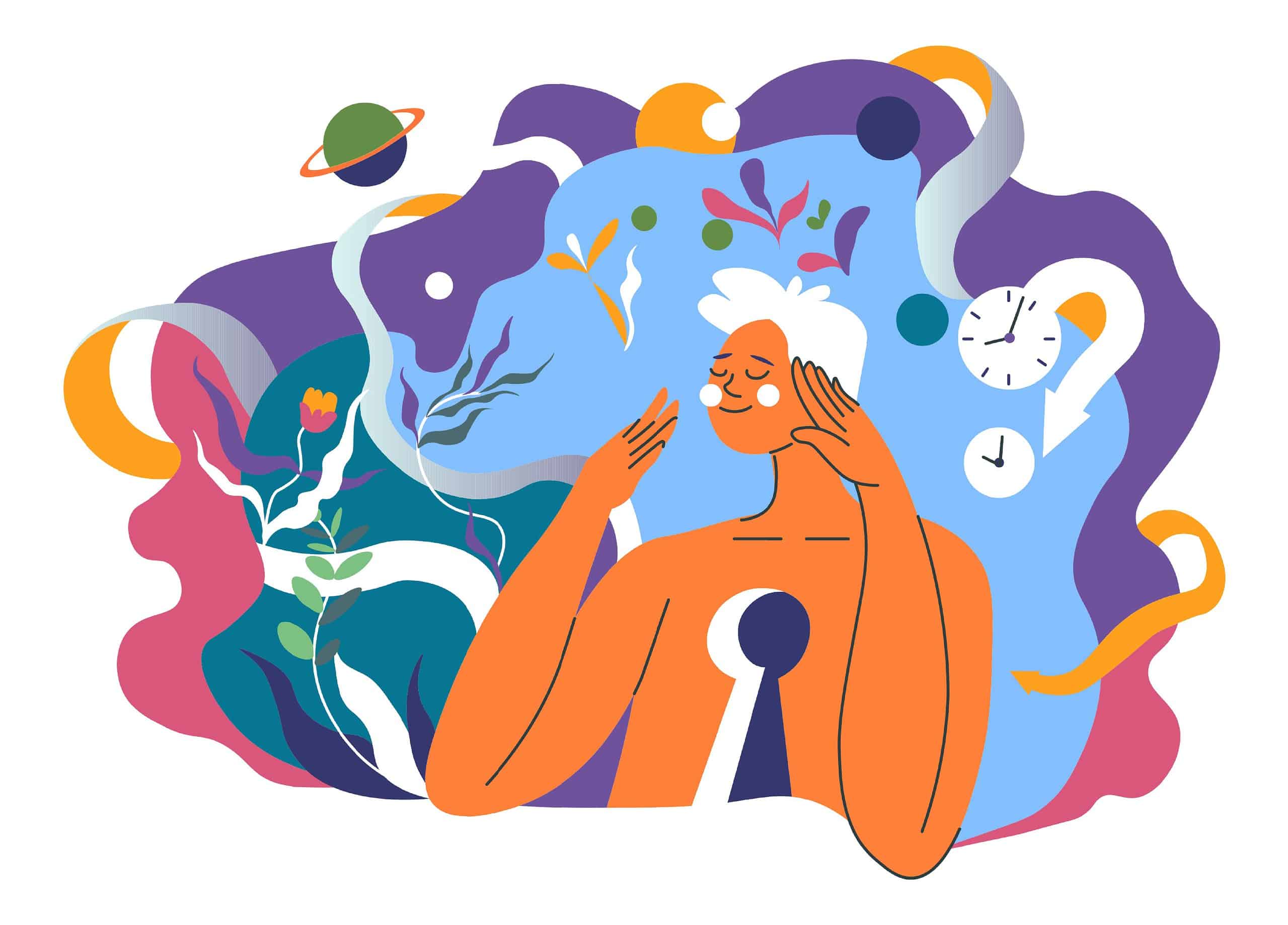 Mental health concept Illustration of a person meditating amidst a colorful backdrop representing a blend of time, nature, and cosmic elements.