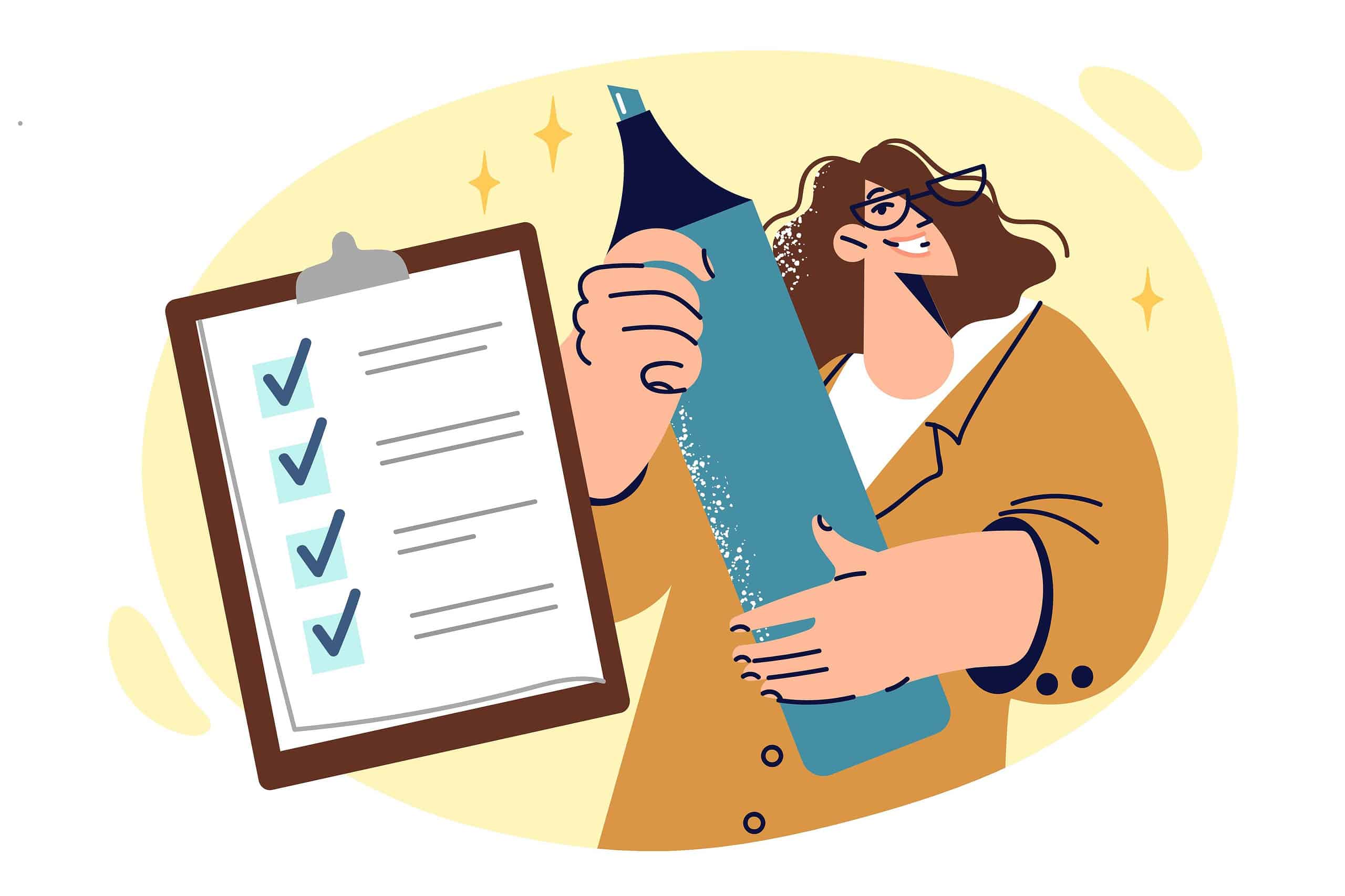 Manifestation checklist concept Woman is planning and filling out clipboard with checklist holding giant marker in hands.