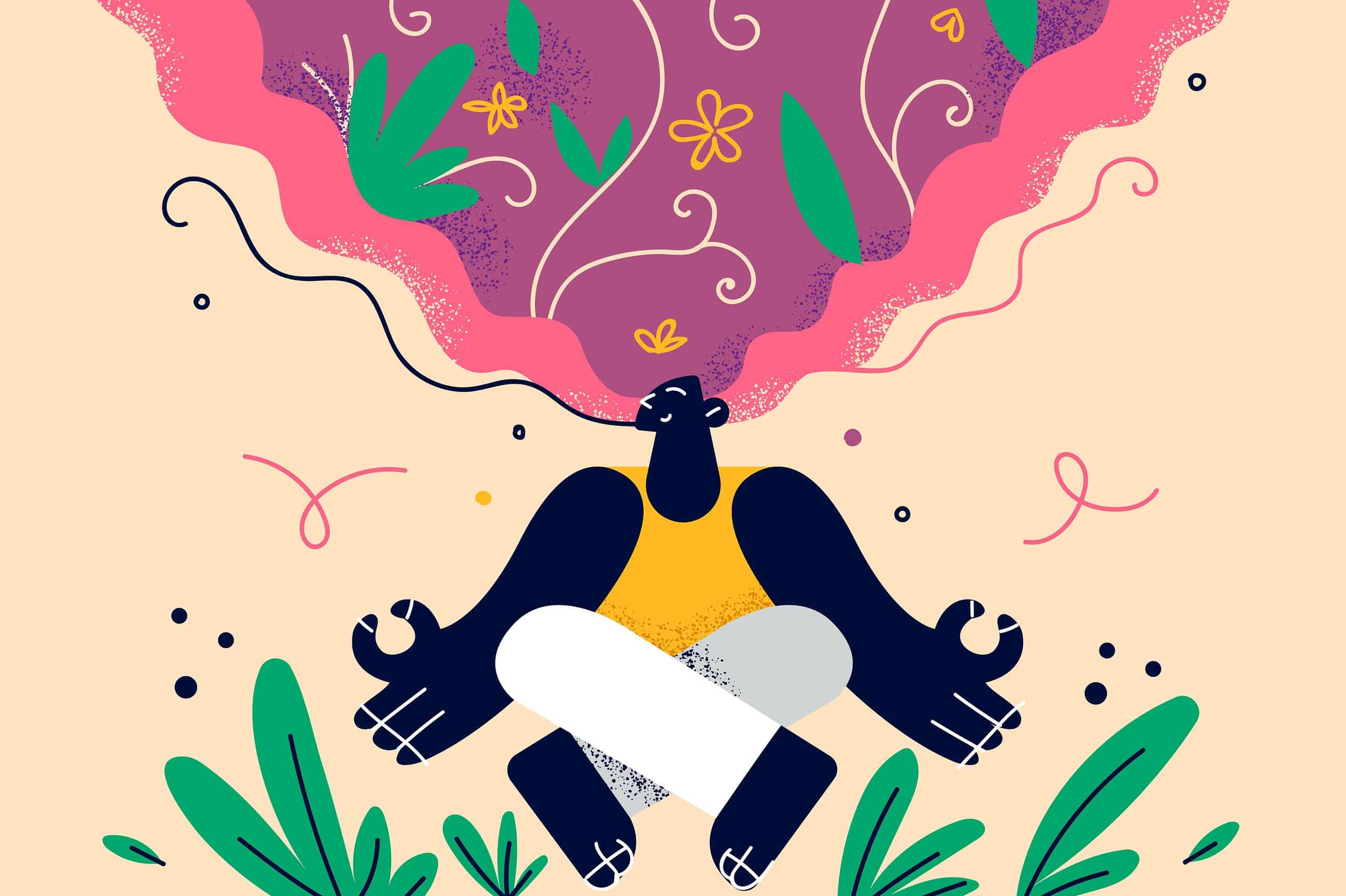 manifest positive thoughts Person meditating in a chill, nature-inspired spot with trippy, abstract vibes coming from their mind.