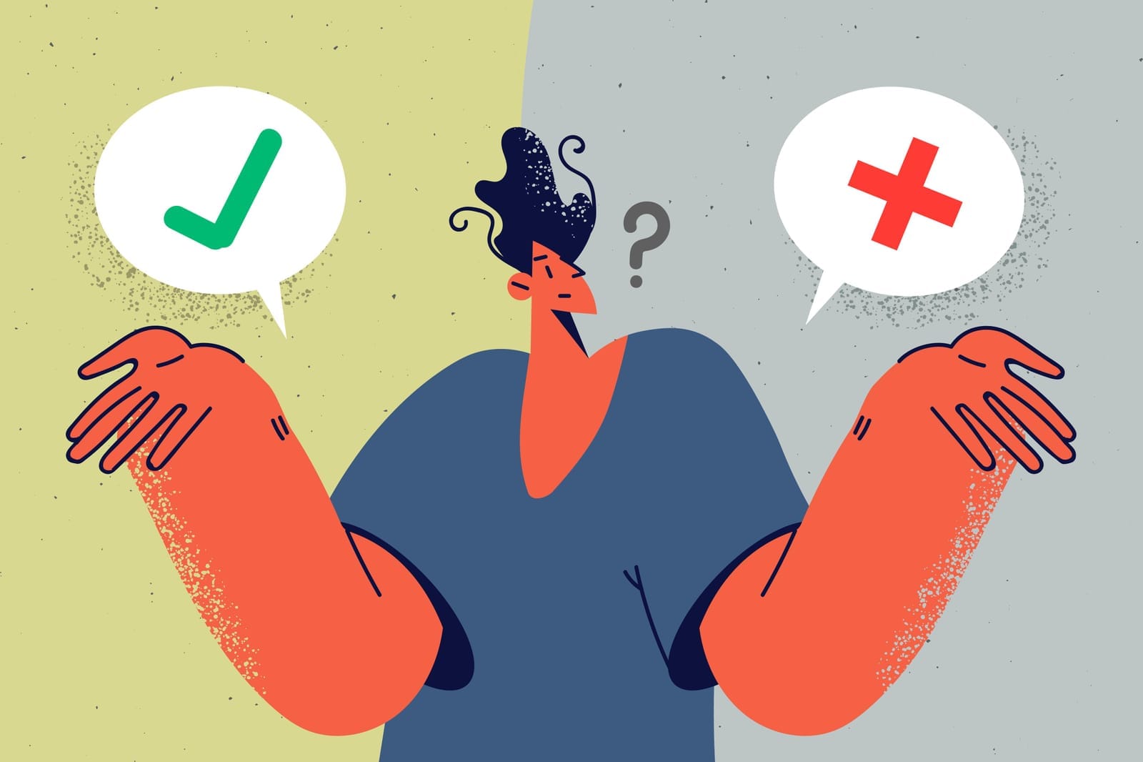 pros and cons person shrugging, with speech bubbles showing a check mark and a cross above their head, showing pros and cons.