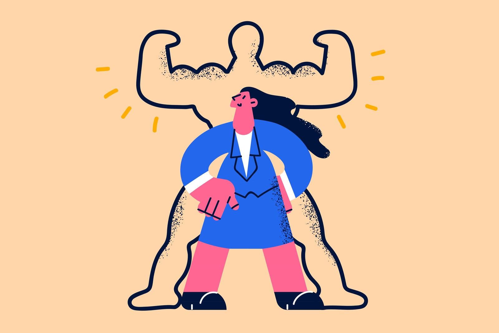 self-belief concept Illustration of a person in a blue suit standing confidently with an outline of a muscular figure flexing behind them, symbolizing inner strength and empowerment.