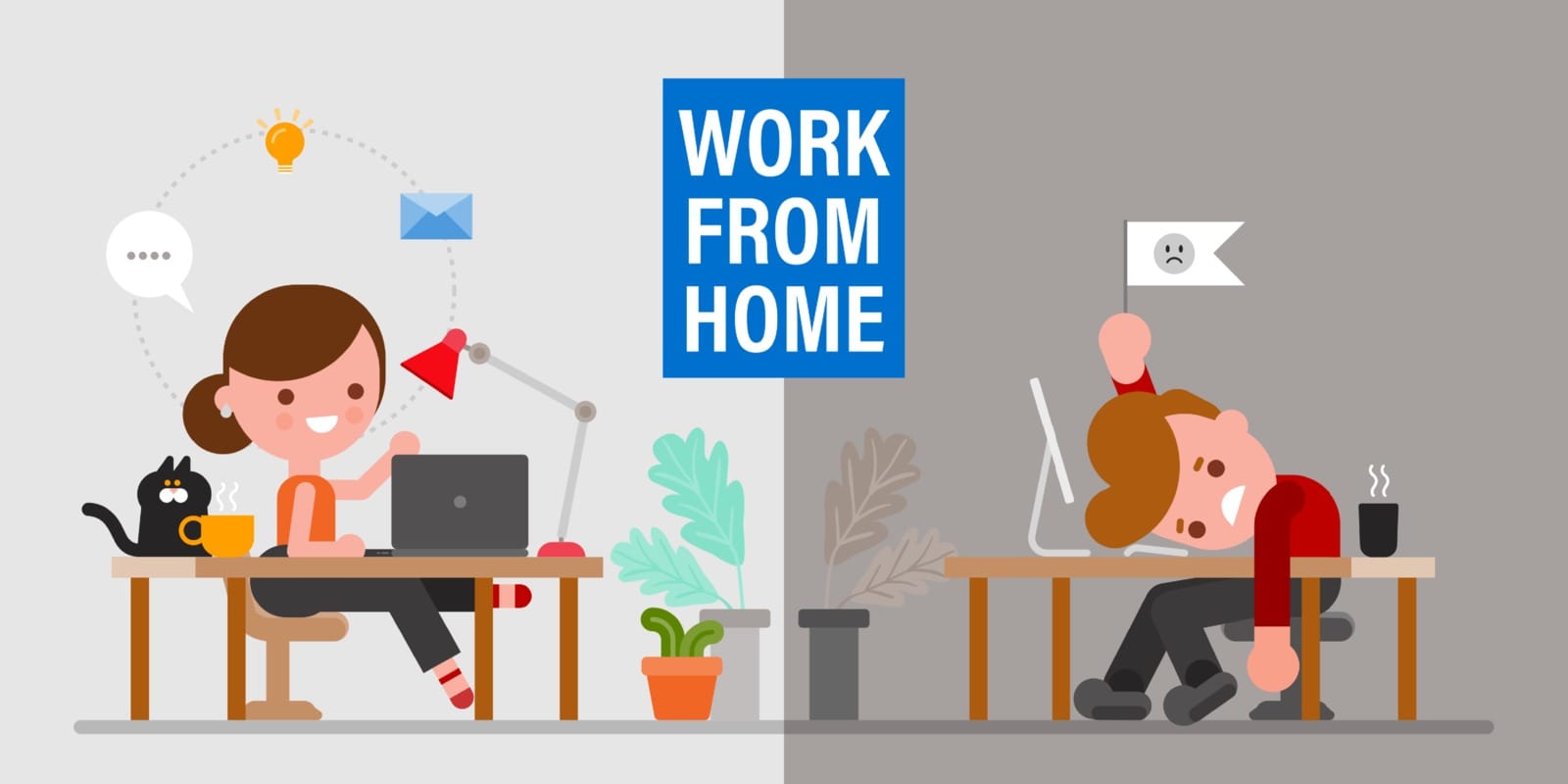 work from home mental health concept Split illustration comparing two remote workers: one smiling and organized, the other frustrated and disorganized.