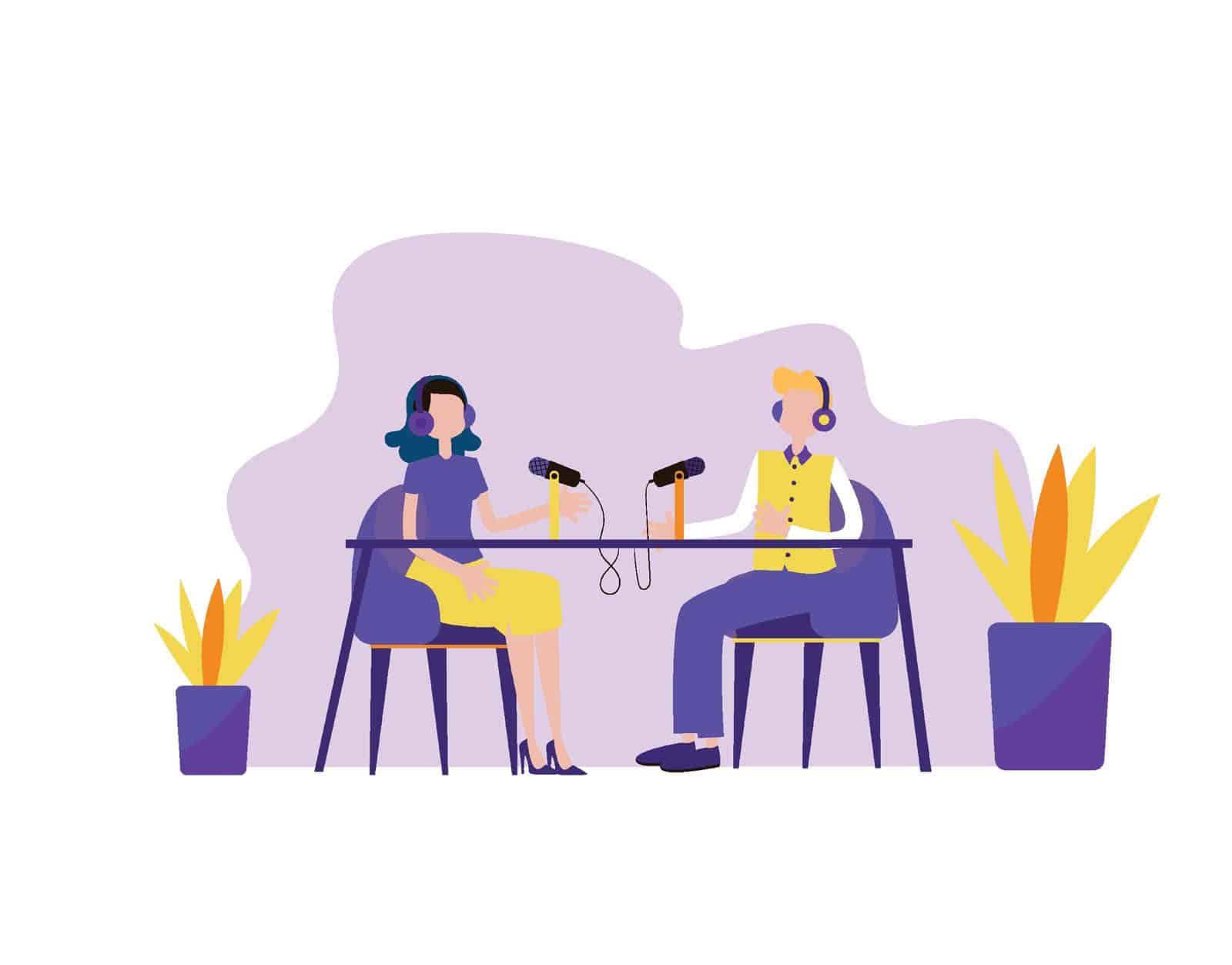 man and woman recording podcast 