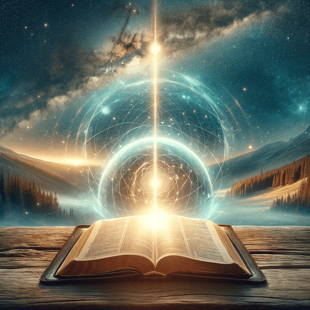 An open book emits a bright light with energy patterns against a starlit sky, symbolizing the fusion of law of attraction in the bible