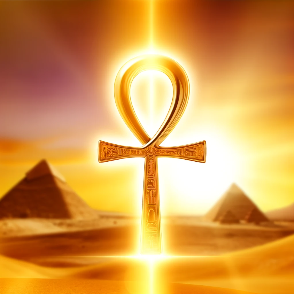 A gold ankh with a light shining through the middle of the pyramids.