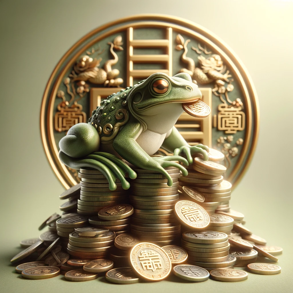 Chan Chu symbol of a  frog sitting on top of a pile of coins.