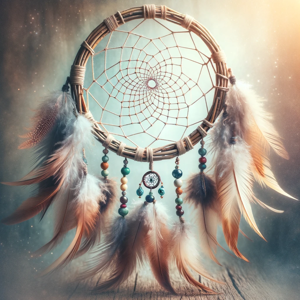 A dream catcher with feathers and beads on a wooden background.