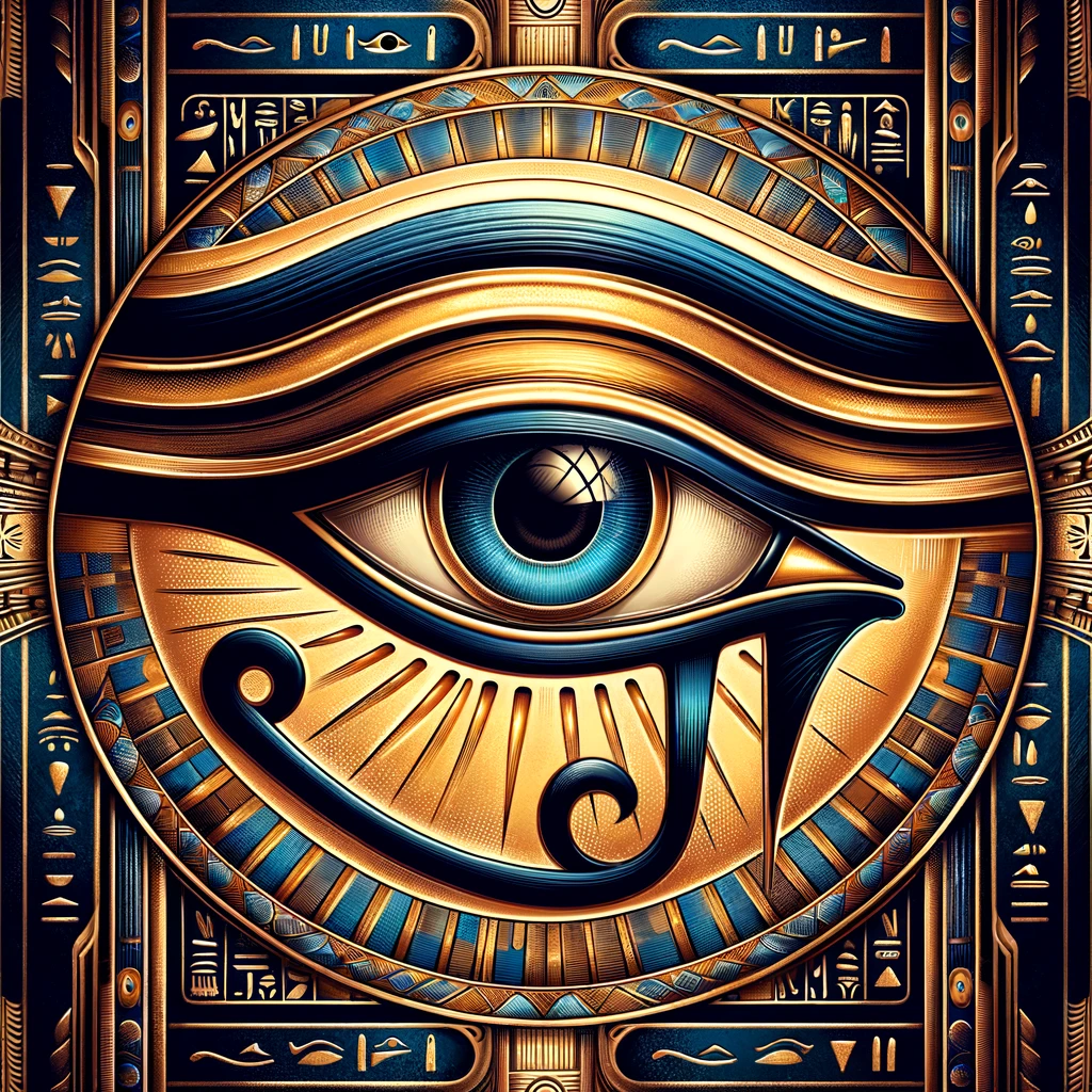 An Egyptian eye of Horus on a gold background.