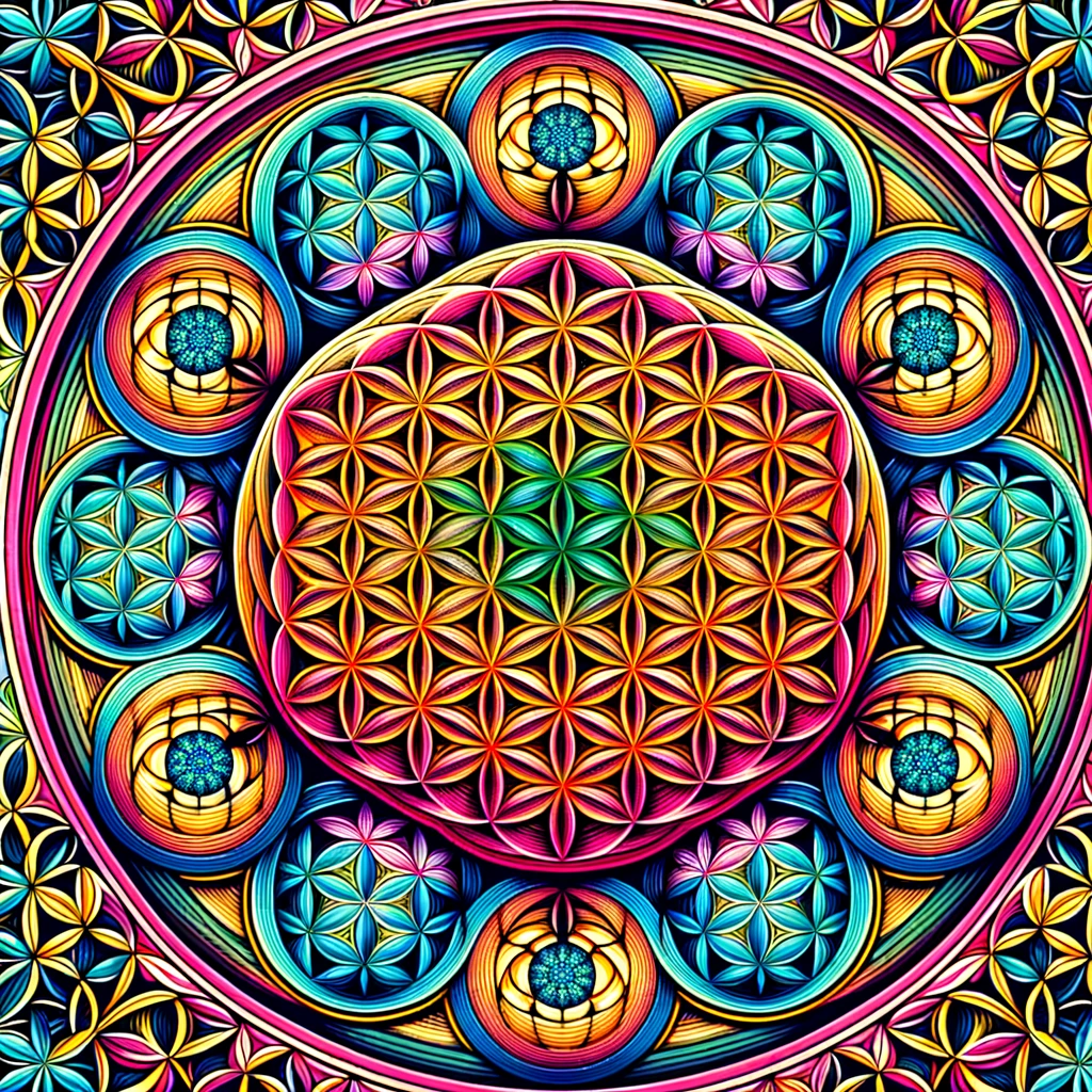 A colorful drawing of a flower of life.