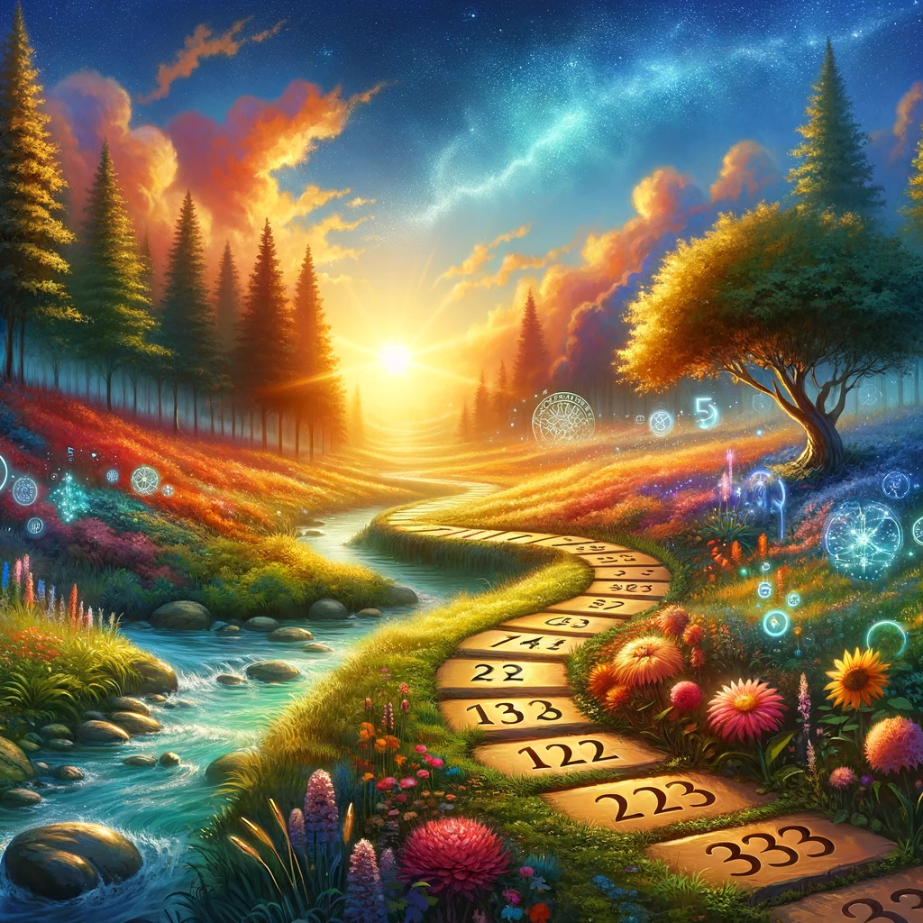 A painting of a path through a forest with trees and flowers.