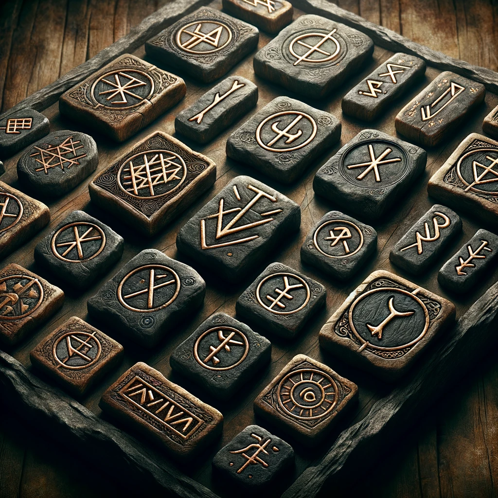 A set of stones with various rune symbols on them.
