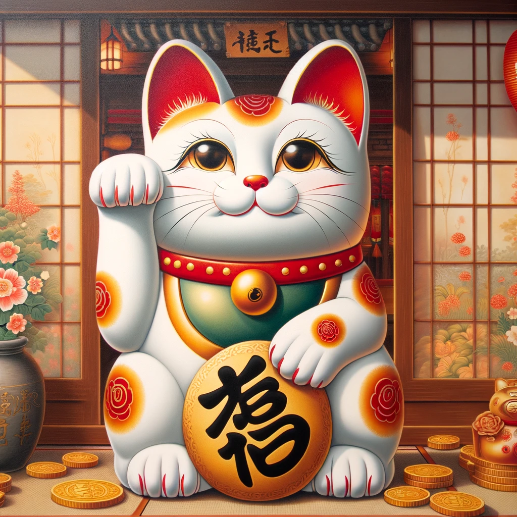 A Chinese fortune cat Maneki Neko is standing in front of a door.