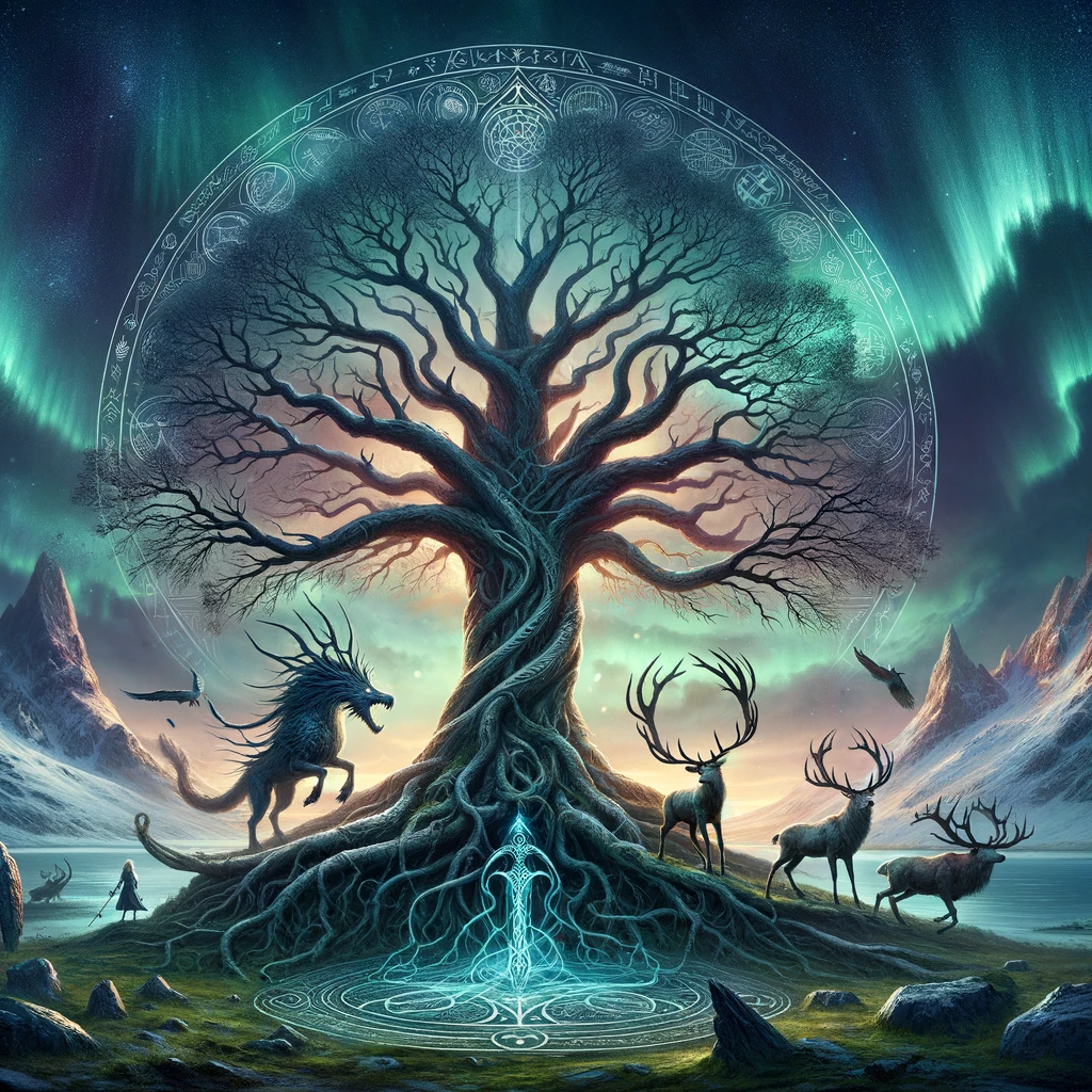 The Yggdrasil Norse tree of life with deer and wolves in the background.