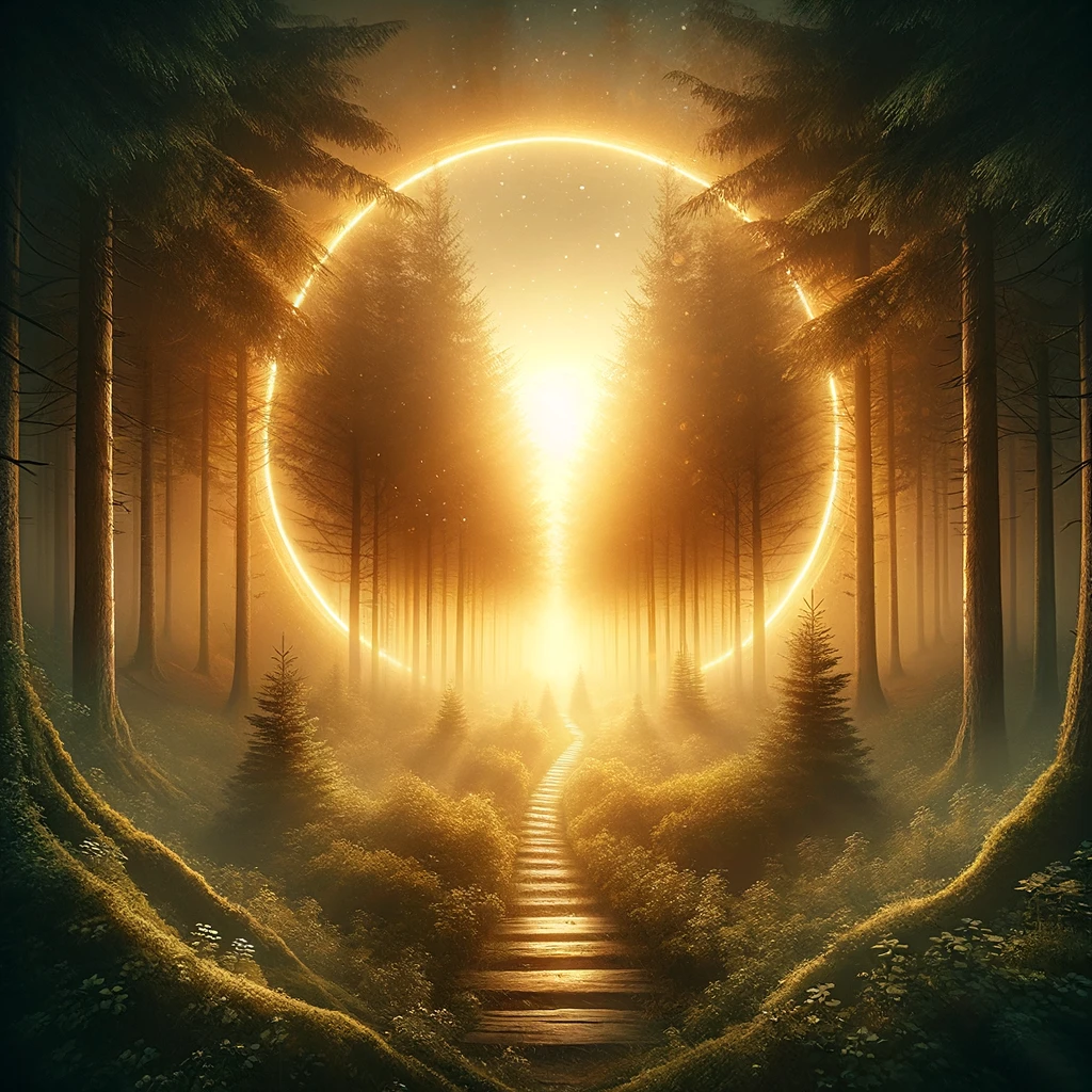 A mystical forest pathway leading to a glowing circular portal concept for the secret