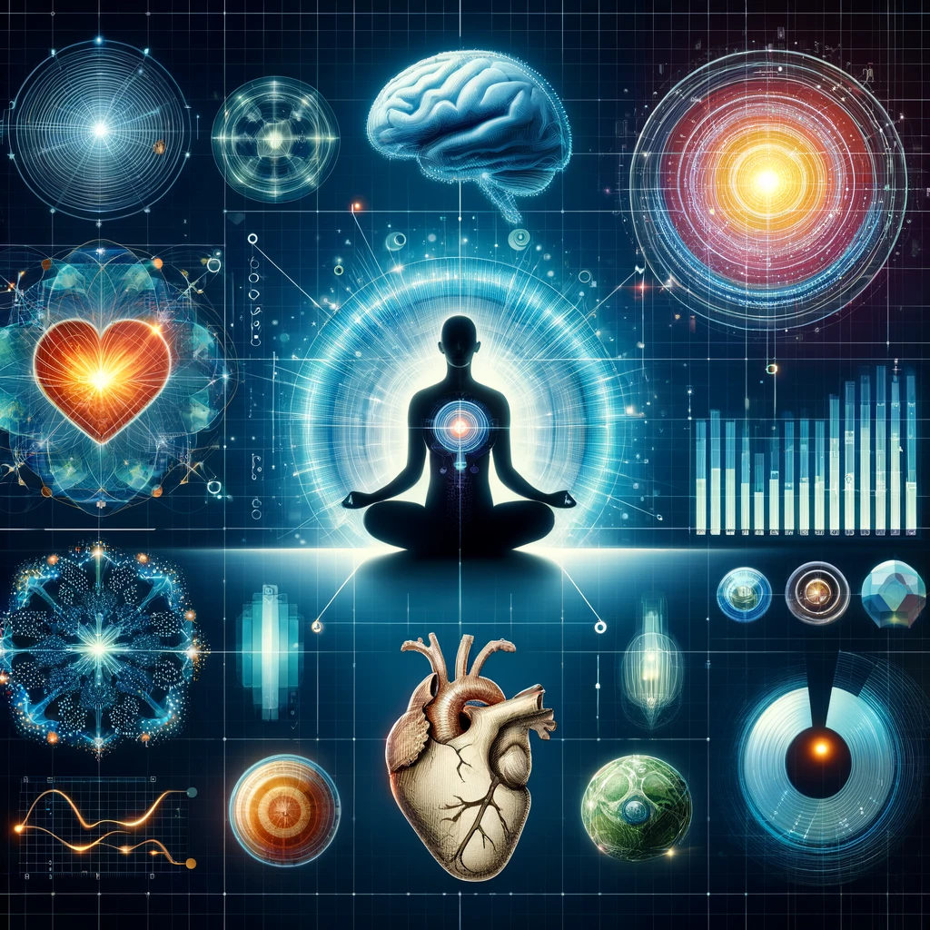 A meditating figure surrounded by various scientific and metaphysical symbols, including a brain, heart, and geometric shapes, representing a fusion of mind, body, and cosmic elements.
