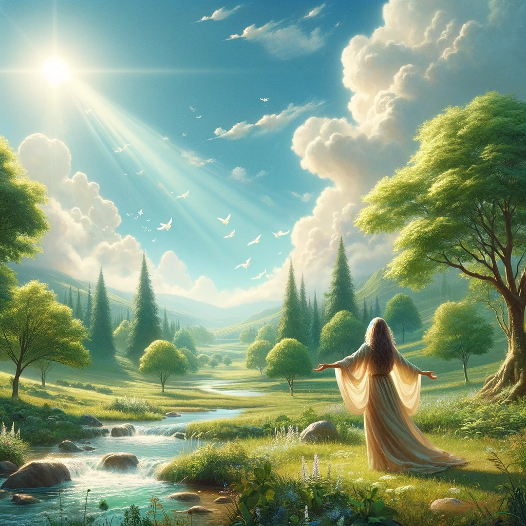 A serene landscape featuring a figure with open arms bathed in sunlight embracing the abundance and joy from the law of attraction