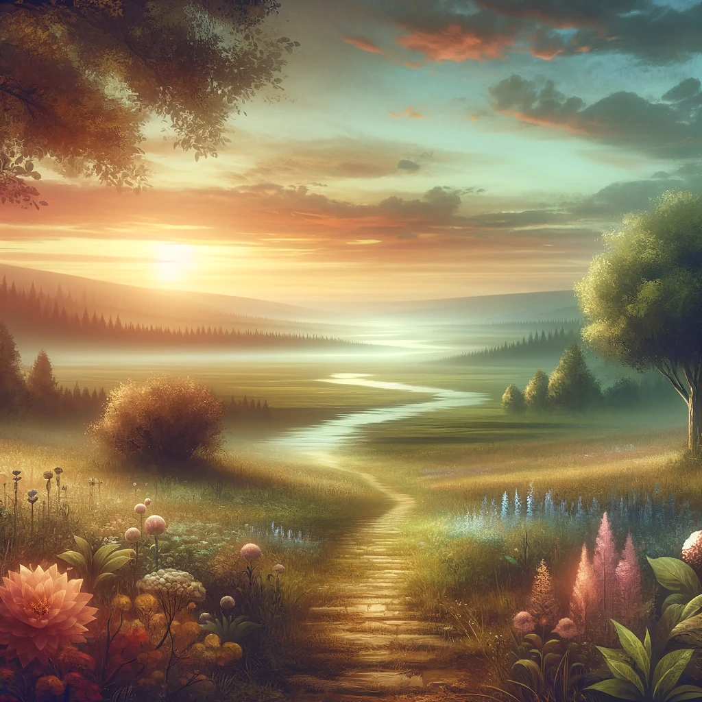 Universal law of attraction concept Serene sunset over a tranquil river with a path leading through a lush meadow