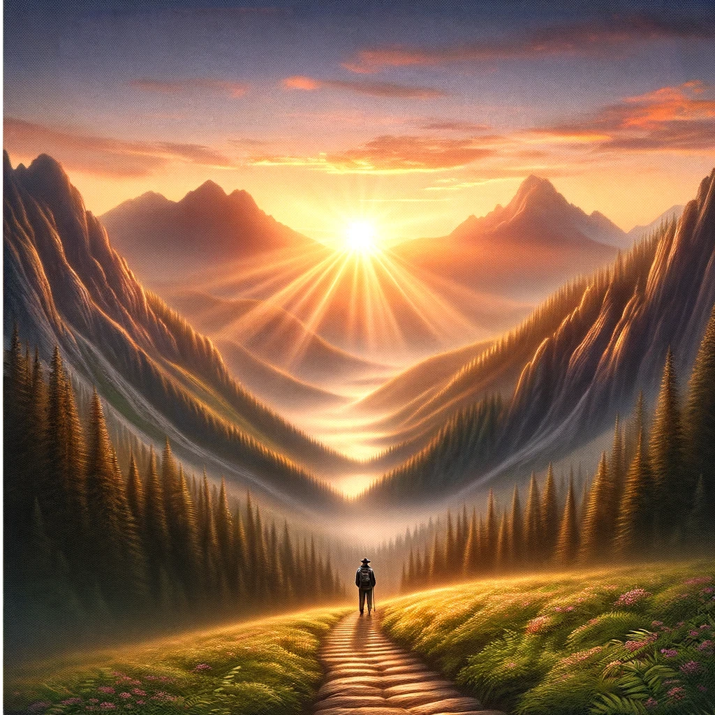A person walking down a path through a lush, vibrant forest towards a radiant sunrise over towering mountains.