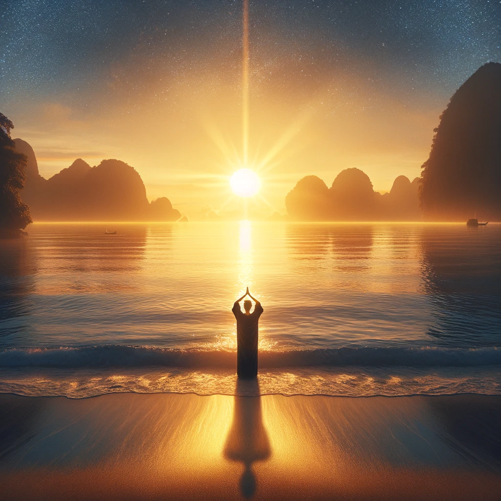 A person stands in water, arms raised praying, facing the sun setting behind distant mountains, reflecting on a calm sea.