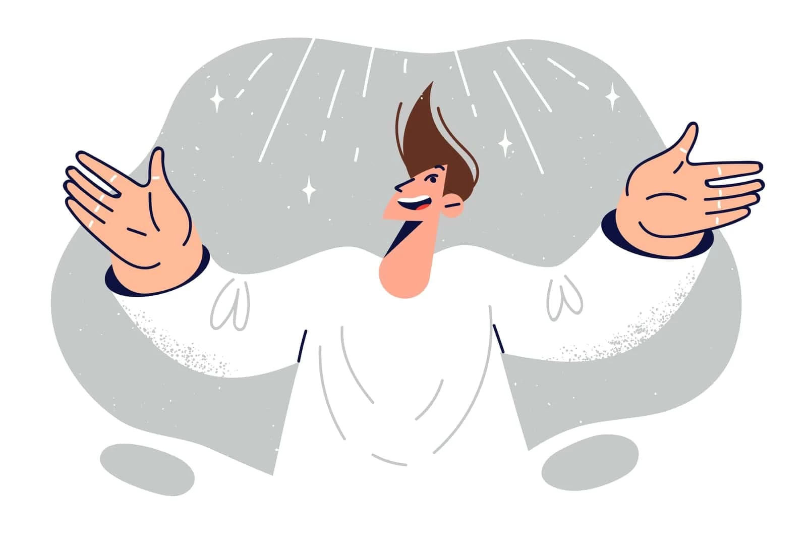 Illustration of a man in a white shirt gesturing excitedly with outstretched arms, smiling broadly, set against a grey background with sparkles.