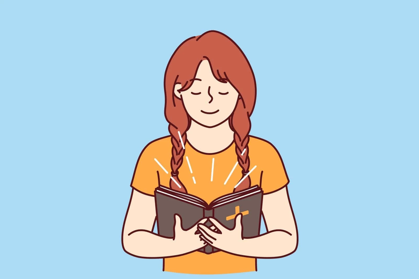young girl with red braided hair, reading a bible with a peaceful expression against a blue background.