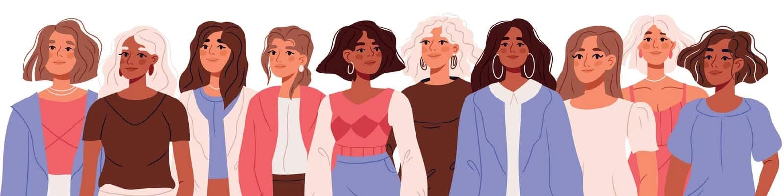 Illustration of ten diverse strong women standing side by side 