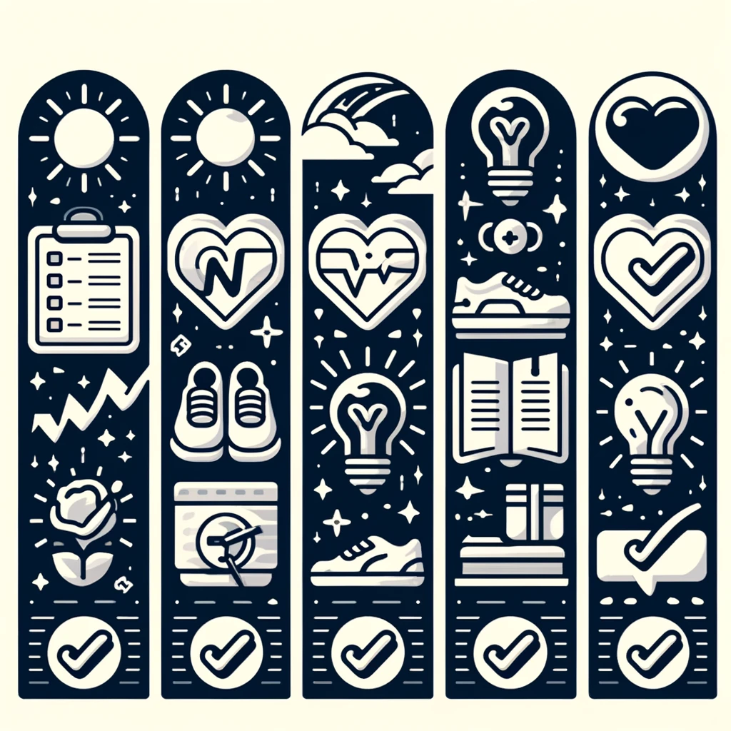 Abstract vector icons featuring themes of learning, love, creativity, and personal growth in a color-blocked style.