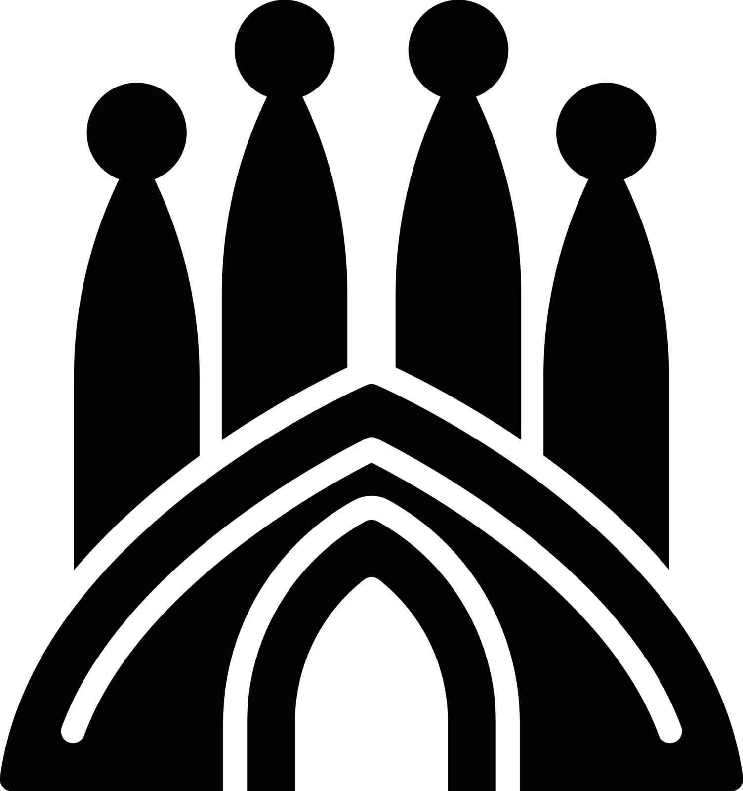 Black and white abstract design featuring three figures with curved tops inside an oval shape that has a pointed top.