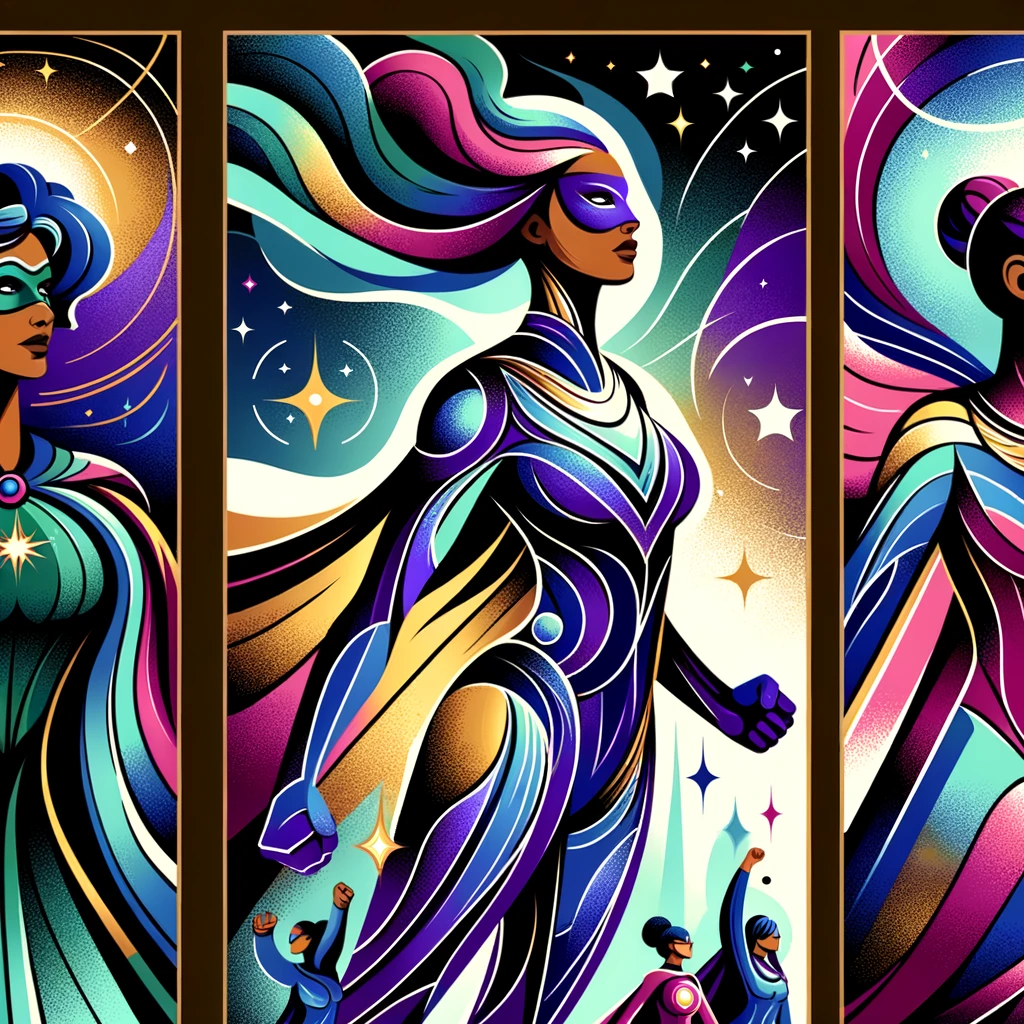 Three stylized panels showing cosmic-themed, super women in vibrant, flowing robes against a starry space background. 