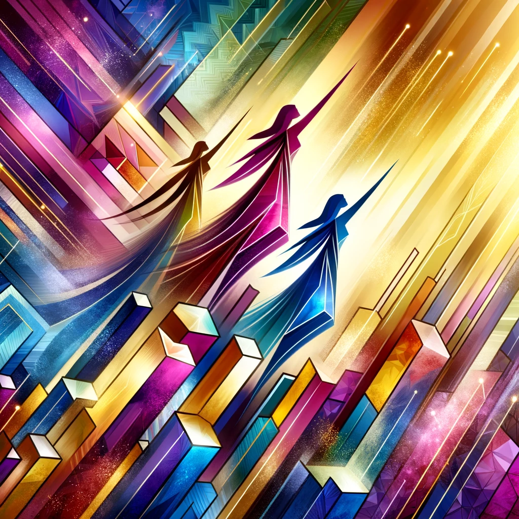 Abstract colorful illustration of three stylized figures walking through a vibrant cityscape adorned with quotes about powerful women, geometric shapes, and rays of light.