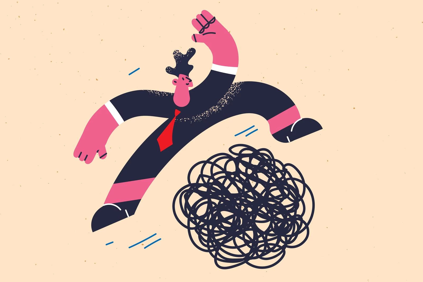 Illustration of a person in a suit and red tie jumping over a large tangled scribble.