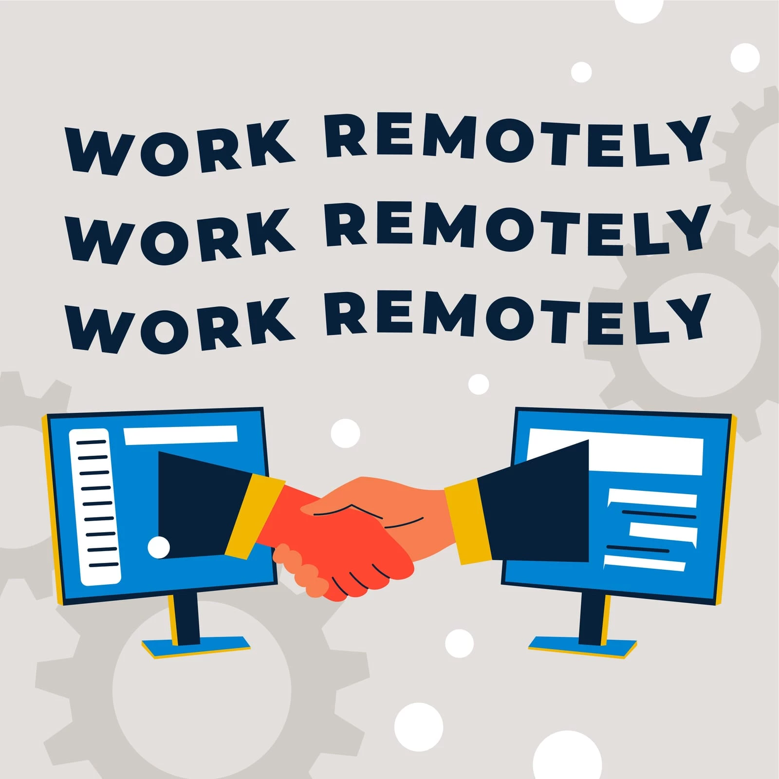 Graphic illustration of two computer monitors shaking hands, with text "work remotely" repeated in the background, symbolizing remote collaboration.