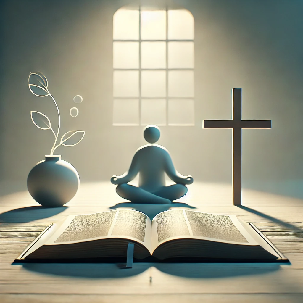 A serene setting with a figure meditating, an open book, a cross, and a vase with leaves. Sunlight streams through a window, casting a peaceful light over the scene.