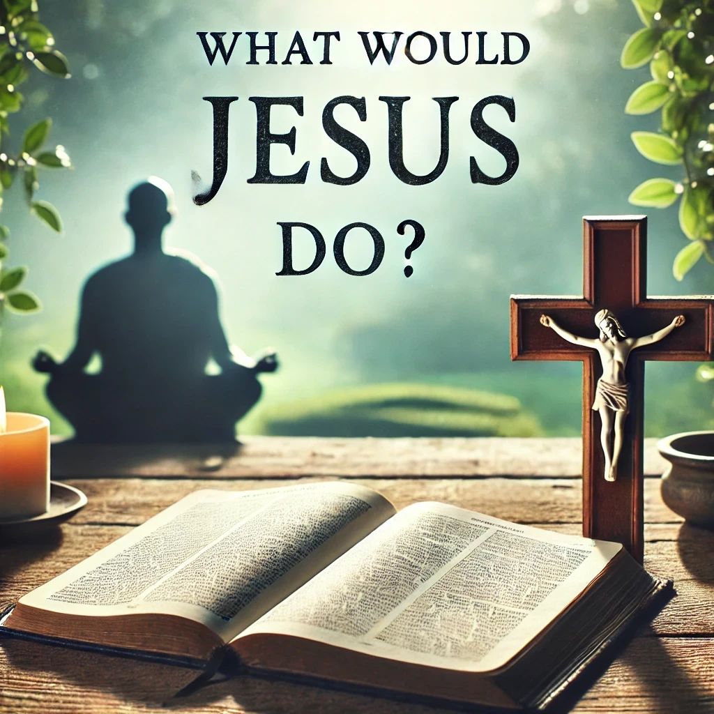 An open Bible and a cross with a crucifix are placed on a wooden surface. Behind them, a contemplative figure sits in a meditative pose with the text "What Would Jesus Do?" above.