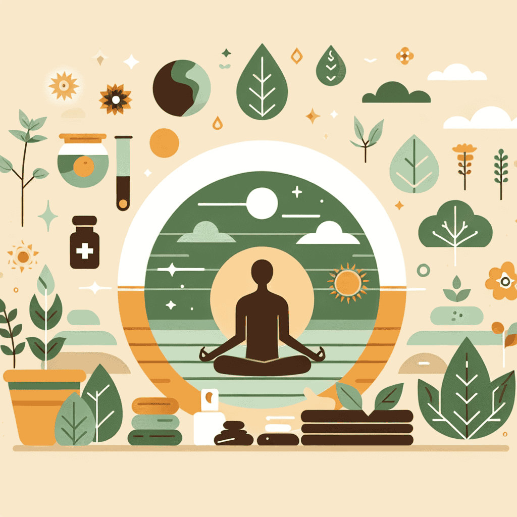 Illustration of a person meditating amidst various nature and wellness symbols, including plants, test tubes, a globe, suns, and moons, symbolizing a holistic approach to health and well-being.