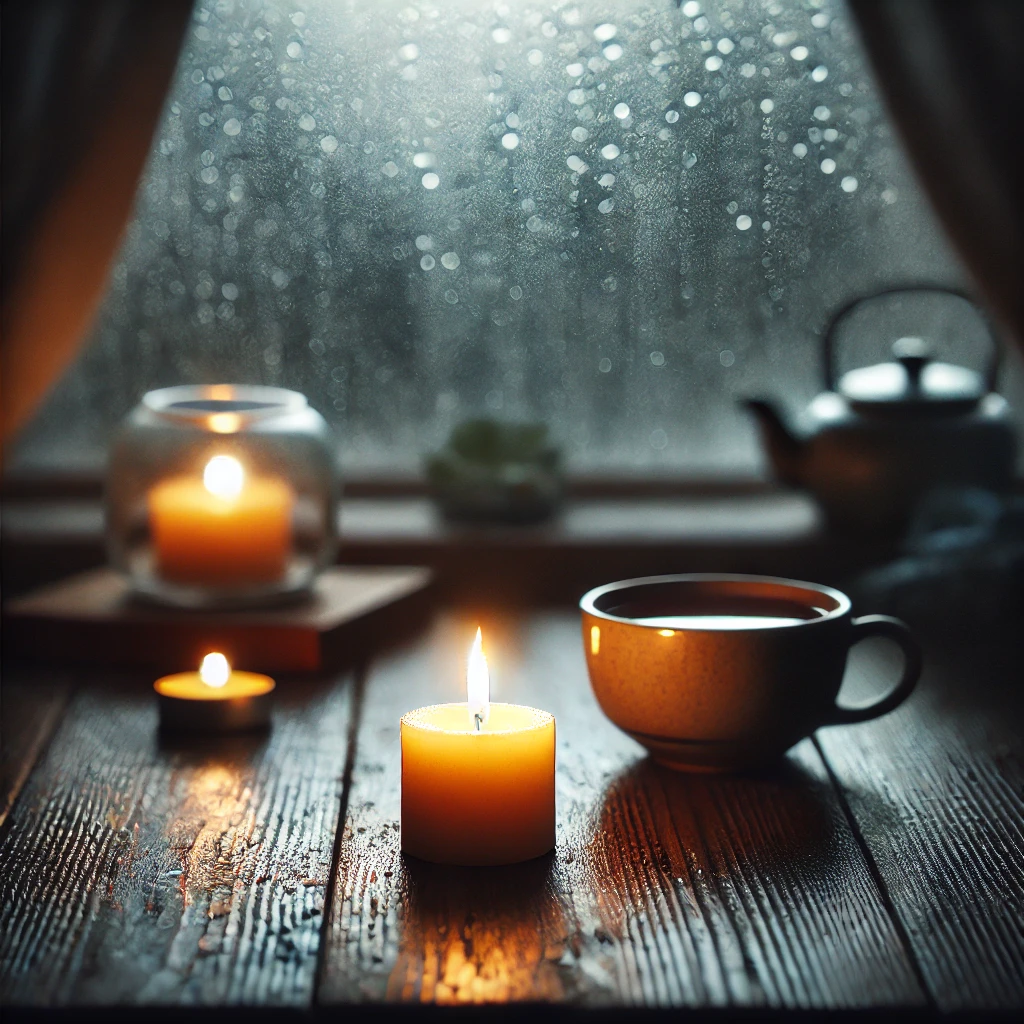 Candles and a teacup on a wooden table by a rain-streaked window, creating a cozy atmosphere.