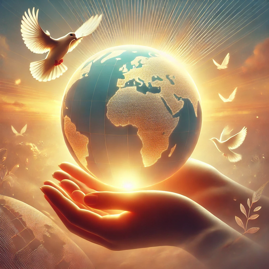 Hands holding a glowing globe with doves flying around, against a sunset sky.