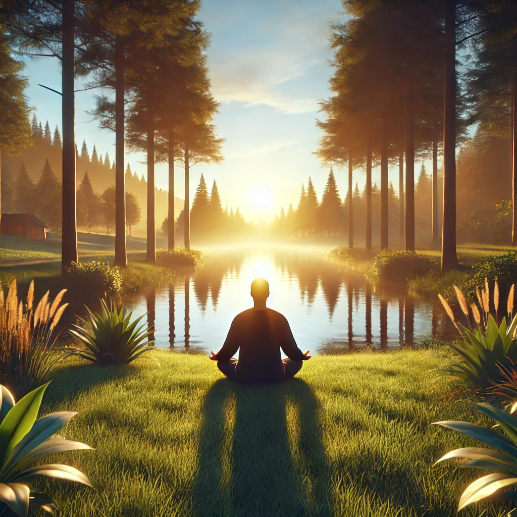 A person sits cross-legged, meditating by a tranquil lake at sunrise, surrounded by tall trees and vibrant grass.