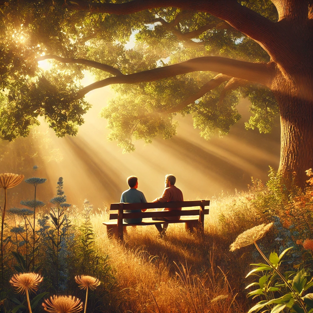 Two people sit on a bench under a large tree, with sunlight streaming through the branches, surrounded by grass and flowers.