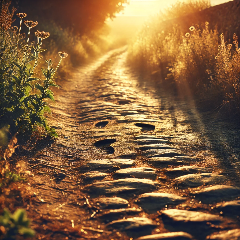 Sunlit cobblestone path bordered by wildflowers, leading through a countryside landscape with golden light casting long shadows.