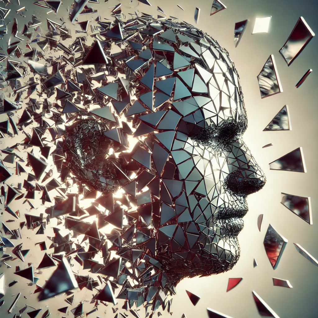 A fragmented, reflective mosaic forms the silhouette of a human head, with pieces seemingly breaking away and floating around it.