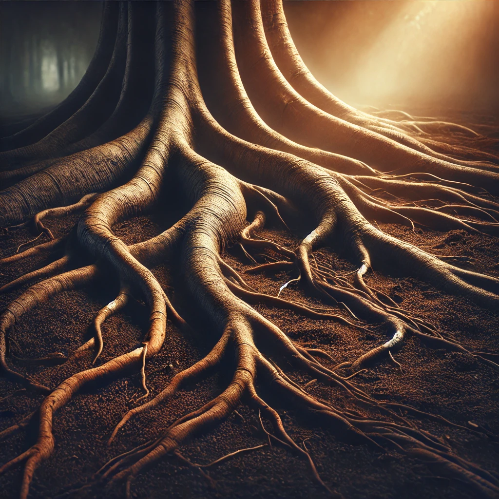 Close-up of tree roots extending across the forest floor, bathed in warm, soft light from the right.