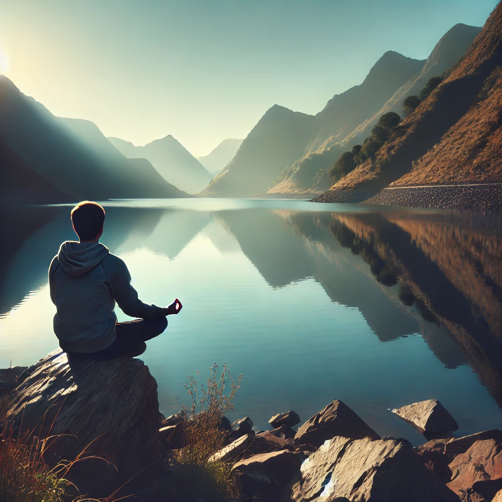 A person sits cross-legged on a rock by a calm lake surrounded by mountains at sunrise, creating a serene atmosphere.