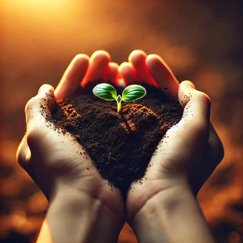 Hands holding soil with a small green sprout against a warm, blurred background.