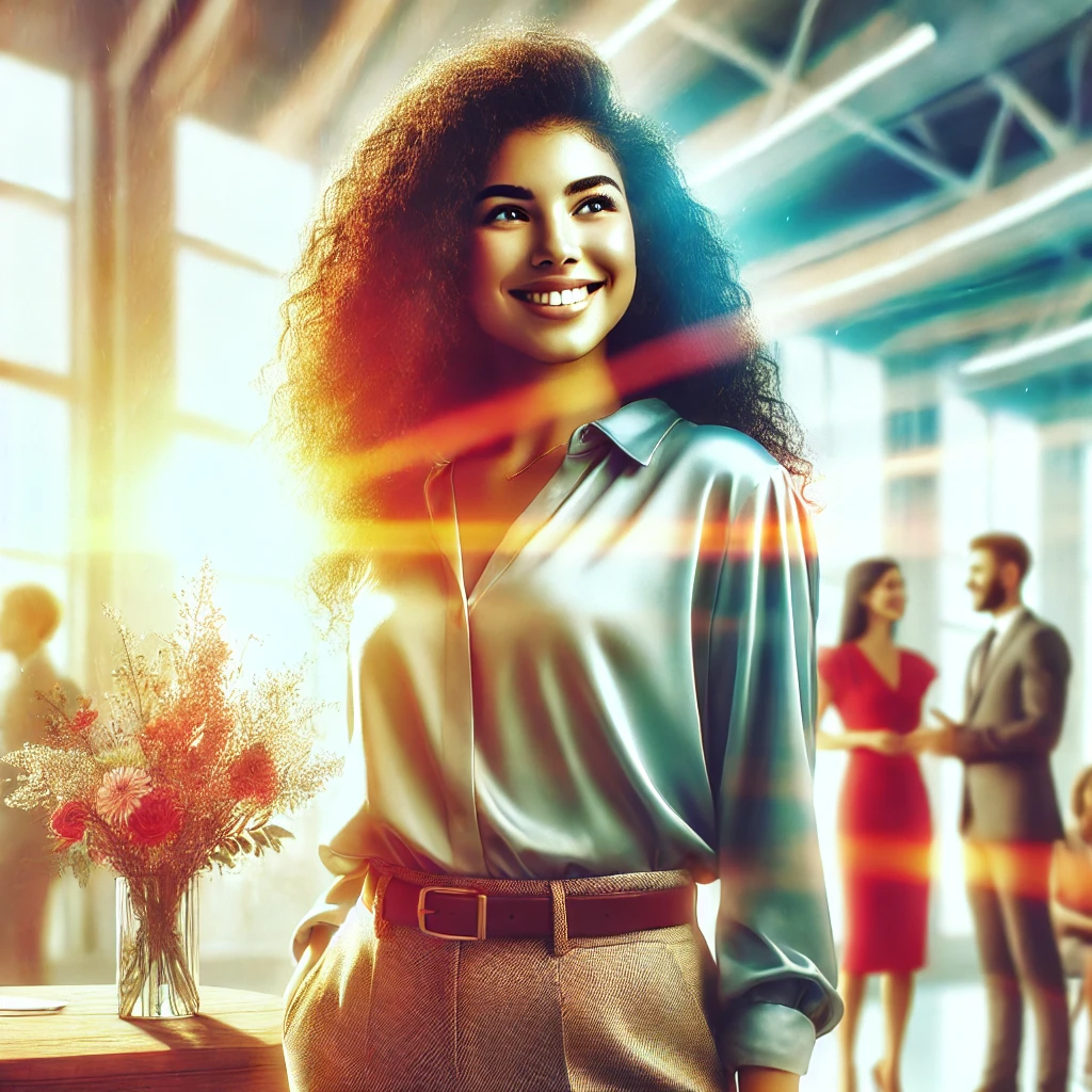 Smiling woman with curly hair in a bright office, standing by a desk with flowers. Colleagues converse in the background, with warm sunlight streaming in.