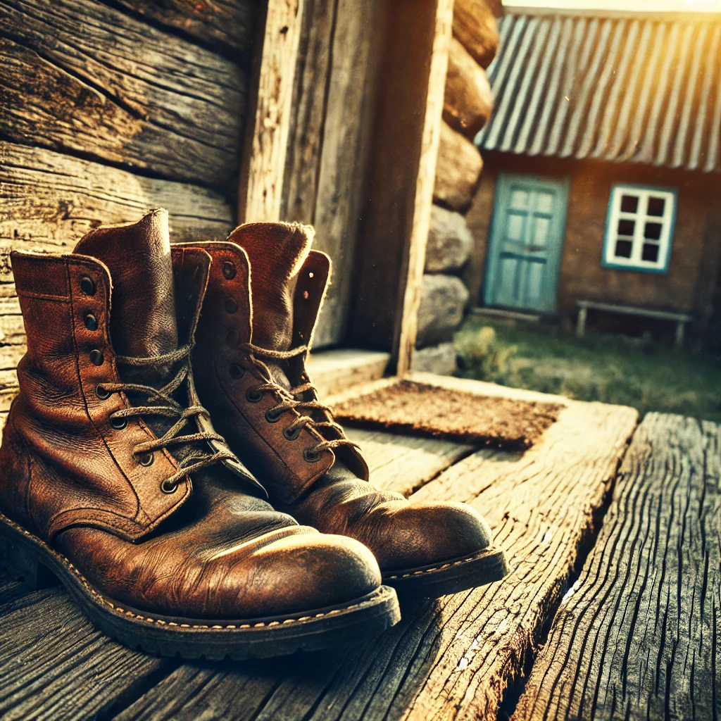 A pair of worn leather boots sit on a wooden porch next to a rustic cabin under warm sunlight.