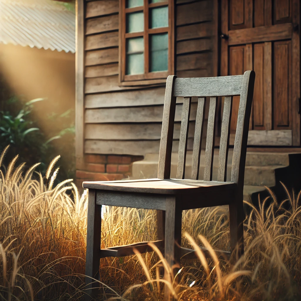 A wooden chair sits in tall grass illuminated by sunlight, in front of a rustic wooden cabin.